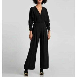 Zara Black Wide Leg Crossover Pearl Button Jumpsuit S